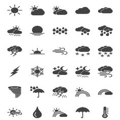 the weather icon set is shown in black and white, including clouds, rain, and sun