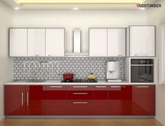 a kitchen with red cabinets and white cupboards on the counter top, along with a microwave oven