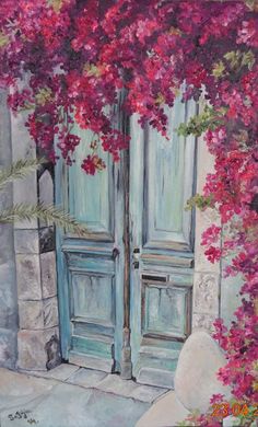 a painting of an open door with pink flowers on it