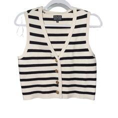 Major Size Medium Cream And Black Striped Knit Vest With Button Front New Without Tags #Stripes #Layer Stripe Vest Outfit, Pin Stripe Vest, Stripe Vest, Vest Outfit, Striped Vests, Pin Stripe, Outerwear Vest, Vest Outfits, Knit Outfit