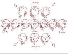 a drawing of people's heads with different expressions and hair styles, all drawn in one line