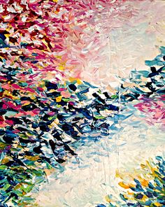 an abstract painting with blue, pink and yellow colors