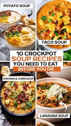 Collage image for crock pot soup recipes. There are two images up top, and two images at the bottom. Each image has the name of the soup recipe by it. And in the middle is a white rectangular box with a title that reads, "10 Crockpot Soup Recipes You Need to Eat." And then in a smaller orangish-brown box it says, "Before You Die." The pin image includes recipes like potato soup. Best Soup Recipes Ever, Healthy Hearty Soup, Whole 30 Crockpot Recipes, Paleo Crockpot Recipes, Warm Soup Recipes, Vegan Crockpot Recipes, The Best Soup, Pictures Of Food, Hearty Soup Recipes