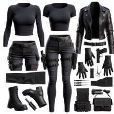 Spy Wear Outfits, Assassin Woman Outfits, Hitman Costume Women, Female Spy Aesthetic Outfit, Women Bodyguard Outfit, Vigilante Outfits Design Female, Spycore Outfits, Spy Agent Costume, Leather Female Outfit