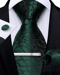 PRICES MAY VARY. 【PURCHASE CONTAINS】Silk Green Solid/Plain Necktie + Woven Pocket Square + Cufflinks + Silver Tie Clip+ Gift box.It's a proper gift for Father's Day,Christmas Day,Valentine's Day,Thanksgiving Day,Anniversary,birthday ect 【CLASSIC SIZE】Tie size:59 inches x 3.15 inches,Pocket Square size: 9 inches x 9 inches,Cufflink Diameter:0.55 inches.Exquisite men's formal emerald green tie set is suitable for a variety of dress shirts and suit tuxedo 【MATERIAL and CRAFT】Necktie and pocket squa Interior Clothing, Pocket Square Size, Formal Tie, Necktie Set, Silver Tie, Tie Gifts, Fashion Suits For Men, Fashion Suits, Cufflink Set