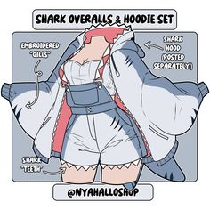 the shark overalls and hoodie set is shown in this comic style drawing, which shows