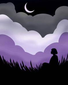 a person sitting in the grass under a night sky with clouds and a half moon