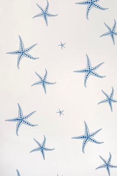 blue and white wallpaper with starfishs in the sky on it's side