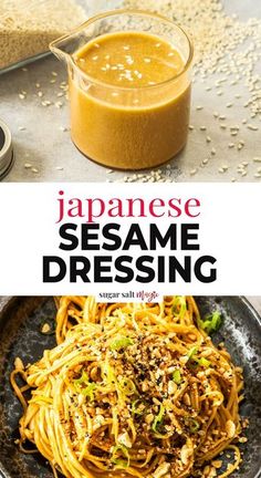 japanese sesame dressing on a plate next to a bowl of noodles and a glass of orange juice