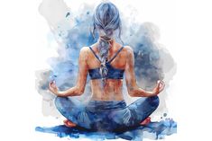 a watercolor painting of a woman sitting in the lotus position with her hands together