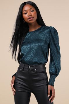 Everyone will take notice of your look in the Lulus Fierce Outfit Dark Teal Satin Jacquard Long Sleeve Top! Sleek woven satin boasts a tonal, animal-print jacquard as it shapes long sleeves with puff shoulders and smocked, ruffled cuffs. Crew neckline has a keyhole cutout and a loop-button closure at back, atop a relaxed bodice with a blousy fit. Fit: This garment fits true to size. Length: Size medium measures 21.5" from shoulder to hem. Bust: Great for any cup size. Waist: Not Fitted - comfort Outfit Dark, Dark Teal, Cup Size, Long Sleeve Top, Crew Neckline, Work Outfit, Smocking, Apparel Accessories, Bodice