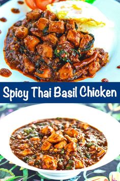 two plates with different types of food on them and the words spicy thai basil chicken