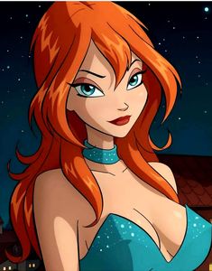 an animated image of a woman with red hair and blue eyes, in front of a night sky