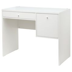 a white desk with two drawers on the top and one drawer at the bottom is open