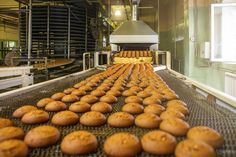 baked goods are lined up on a conveyor belt in a factory stock images and photos