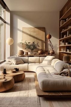 a living room filled with lots of furniture next to a large window and bookshelf