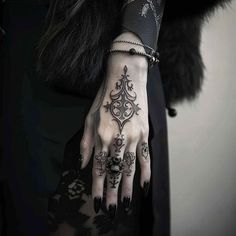 Under Hand Tattoo, Hand And Forearm Tattoo Women, Black Work Hand Tattoo, Womens Hand Tattoos Ideas, Delicate Hand Tattoo, Wiccan Tattoos For Women, Dnd Tattoo Designs, Tight Tattoos For Women, Delicate Hand Tattoos For Women