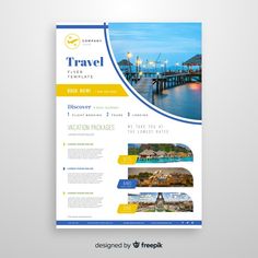 a travel brochure is shown on a white background with blue and yellow accents