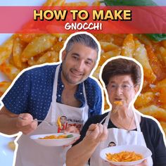 an image of two people eating food with the caption how to make gnocchi