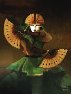 a woman dressed in green and yellow with a fan on her head, wearing a mask poster