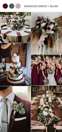 a collage of photos with different wedding colors and flowers on them, including burgundy, green, and blush