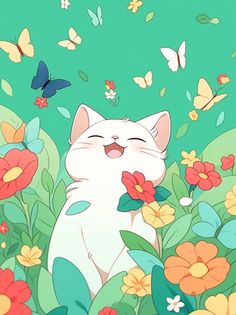 a cat that is laying down in the grass with flowers and butterflies around it's neck