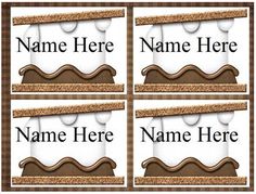 four name tags with brown and white designs on them, one for wine bottle openers