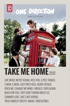 one direction take me home 2012 poster with the band on top of a red phone booth