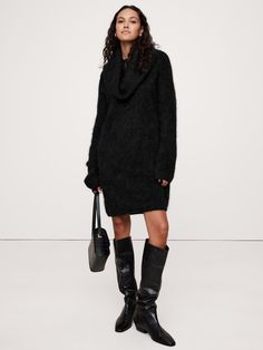 An invitation to play with proportions, this soft and warm sweater dress is cut with an oversized silhouette and a dramatic, funnel neck so you can drape and style as you please.  For fabric, we reached for one of our favorite fuzzy yarns, spun from a blend of luxurious alpaca.  Oversized fit.  Funnel neck.  Slip-on styling.  Unlined.  Oversized fit.  Long sleeves.  Above-knee length.  Model: Size S, 5'10" (178cm). Invitation To Play, Warm Sweater, Sweater Dress Women, Cozy Chic, Warm Sweaters, Oversized Silhouette, Banana Republic Dress, Funnel Neck, Winter Wardrobe