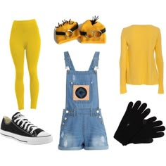 a yellow sweater, blue overalls, black and white converse shoes, an eyeball headband, two pairs of gloves