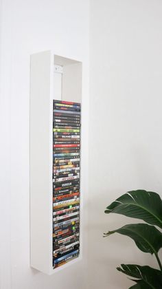 a white wall mounted dvd rack next to a plant