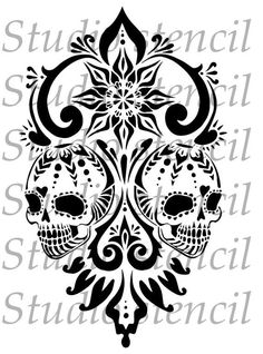 a black and white image of two skulls in the shape of a cross with swirls