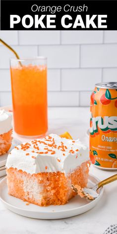 orange crush poke cake on a white plate with a can of orange juice in the background