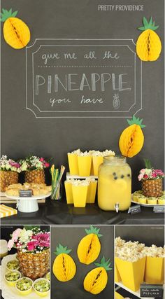 pineapple party food and decorations on a table