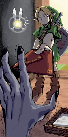 the legend of zelda's hand is reaching for an object in front of him