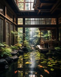 A traditional-style wooden house has an indoor Koi fish pond with a skywell right above itThis is an AI architectural artwork generated by using Midjourney. Japanese House Aesthetic, Japan Interior, Traditional Japanese House, Indoor Waterfall, Internal Courtyard