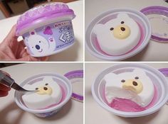 there are four pictures of the cake in the plastic container with bear face on it