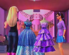 barbie dolls are standing in front of dresses on mannequins and one is looking at the other