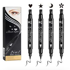 Liquid Eyeliner And Stamp 4 Pcs Set Winged Eyeliner And 4 Shaped Stamps Dul Ended 2 In 1 Eye Makeup Pen * Color: Black * 4 Different Shapes Felt Eyeliner, Eyeliner Stamp, Black Liquid Eyeliner, Makeup Pen, Winged Eyeliner Stamp, Waterproof Eyeliner Pencil, Basic Makeup, Black Liquid, Black Liner