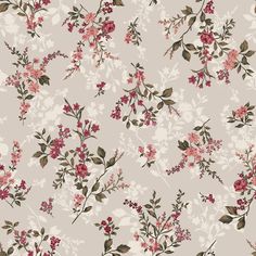 a floral wallpaper with pink flowers and green leaves