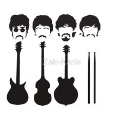 the beatles sticker is shown in black and white, with four guitar silhouettes