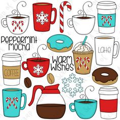 coffee cups and mugs with the words peppermin mocha written in each cup