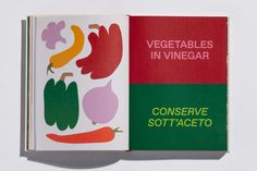 an open book with vegetables in vinegar and conserve sottaceto on it