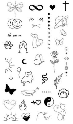 an assortment of tattoos with different designs on them, including hearts and symbols in black ink