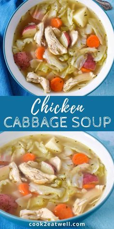 two bowls of chicken cabbage soup with carrots and celery