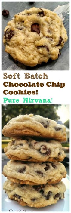 soft batch chocolate chip cookies are stacked on top of each other