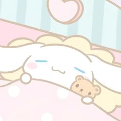 a cartoon bear sleeping on top of a pink bed next to a heart shaped pillow