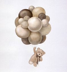 a teddy bear flying through the air with balloons