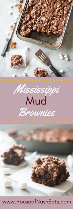 chocolate mud brownies in a baking pan with spoons and fork on the side