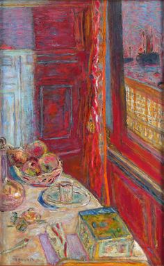 a painting of food on a table in front of a window with red drapes